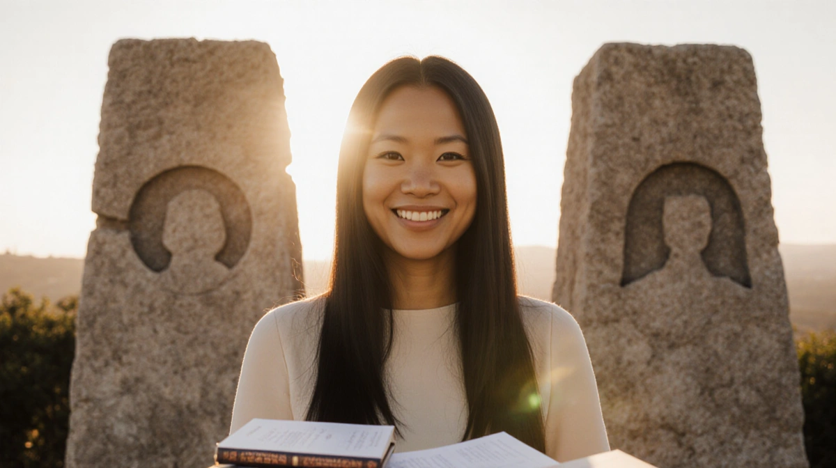 Aiko Bethea smiling warmly with stone towers behind her and books in the foreground