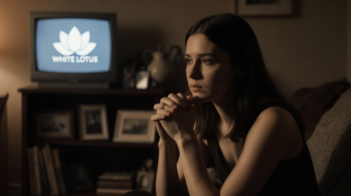 Aimee Lou Wood sits alone with old photographs on shelf behind her and White Lotus logo on blurry TV screen