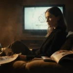 Aimee Lou Wood sits on couch with empty champagne bottles and faded White Lotus logo glowing behind her