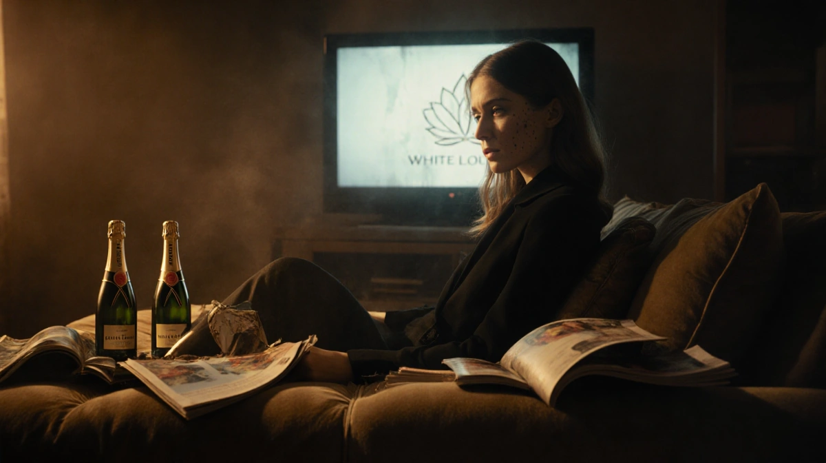 Aimee Lou Wood sits on couch with empty champagne bottles and faded White Lotus logo glowing behind her