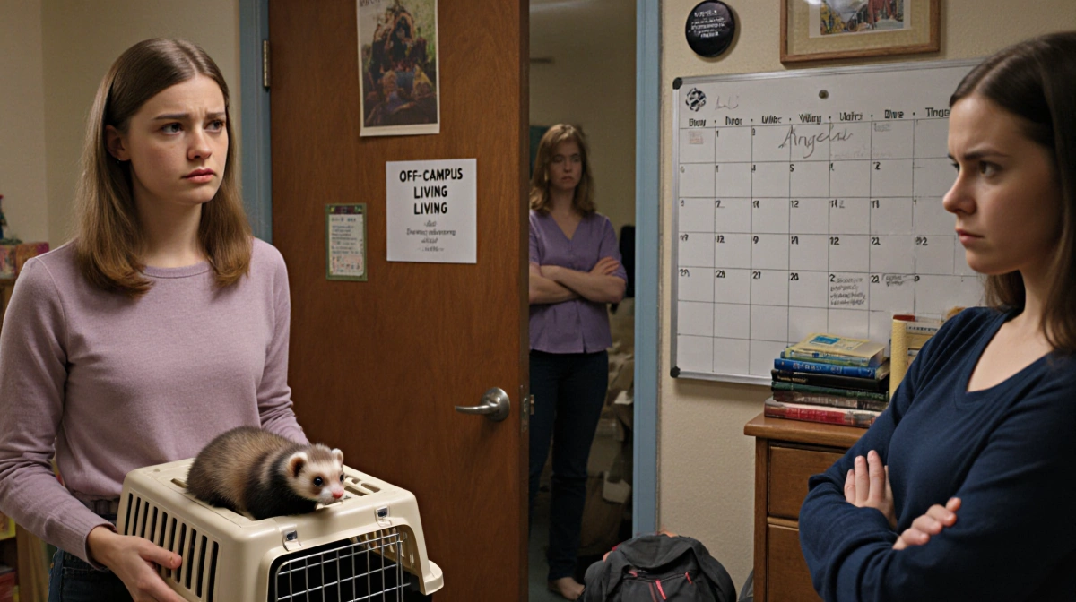 Ainsley stands determined with ferret carrier while Paigyn scowls beside dorm room with Off-Campus Living sign