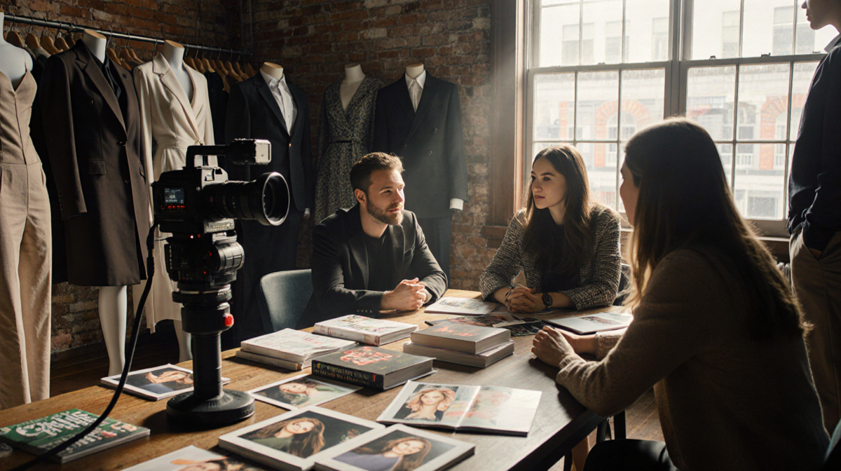 Group of documentary crew members chatting at a cluttered table with ANTM props and warm window light