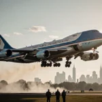 Air Force One landing at Joint Base Andrews with DC skyline visible and hazmat team watching runway