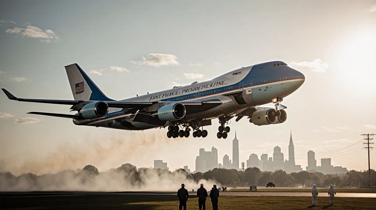 Air Force One landing at Joint Base Andrews with DC skyline visible and hazmat team watching runway
