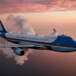 Air Force One flying over ocean at dusk with smoke trailing and news helicopter filming the dramatic sunset sky