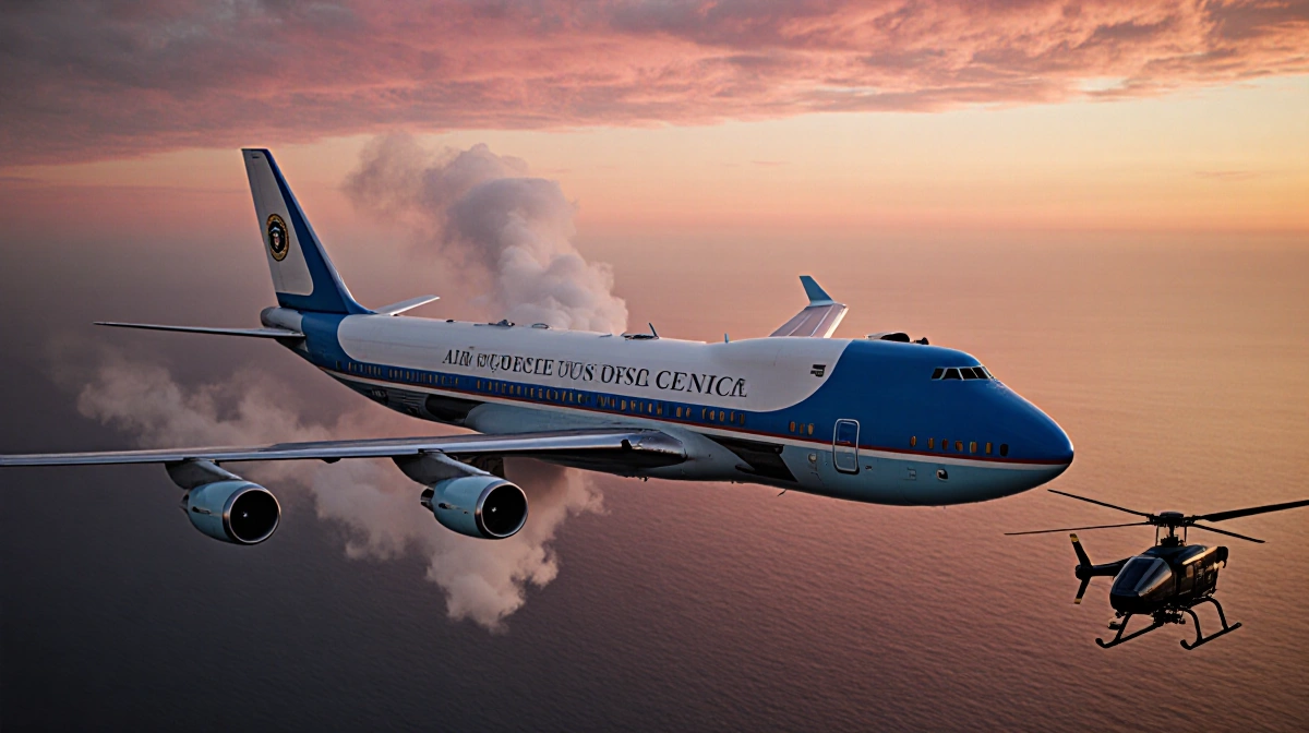 Air Force One flying over ocean at dusk with smoke trailing and news helicopter filming the dramatic sunset sky