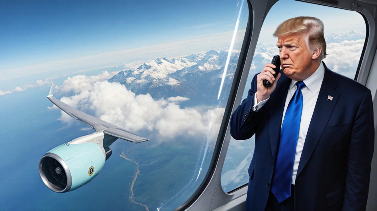 Air Force One flying over Atlantic Ocean with Trump looking concerned near cockpit window and clouds behind