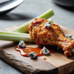 Air‑fried buffalo chicken wing leaning on rustic board with blue cheese celery and buffalo sauce.