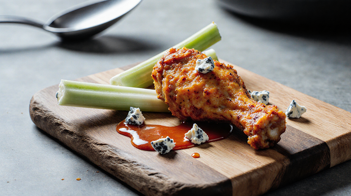 Air‑fried buffalo chicken wing leaning on rustic board with blue cheese celery and buffalo sauce.