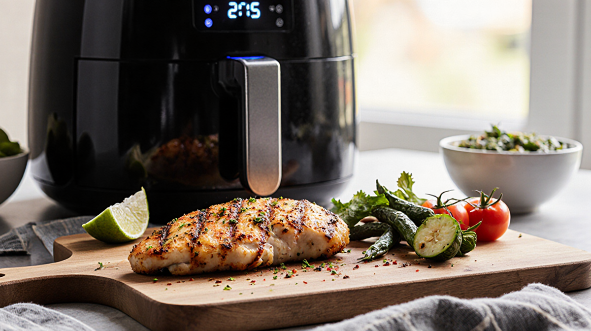 Air‑fried chicken breast being plated on a wooden cutting board with fresh ingredients around it and an air fryer glowing in
