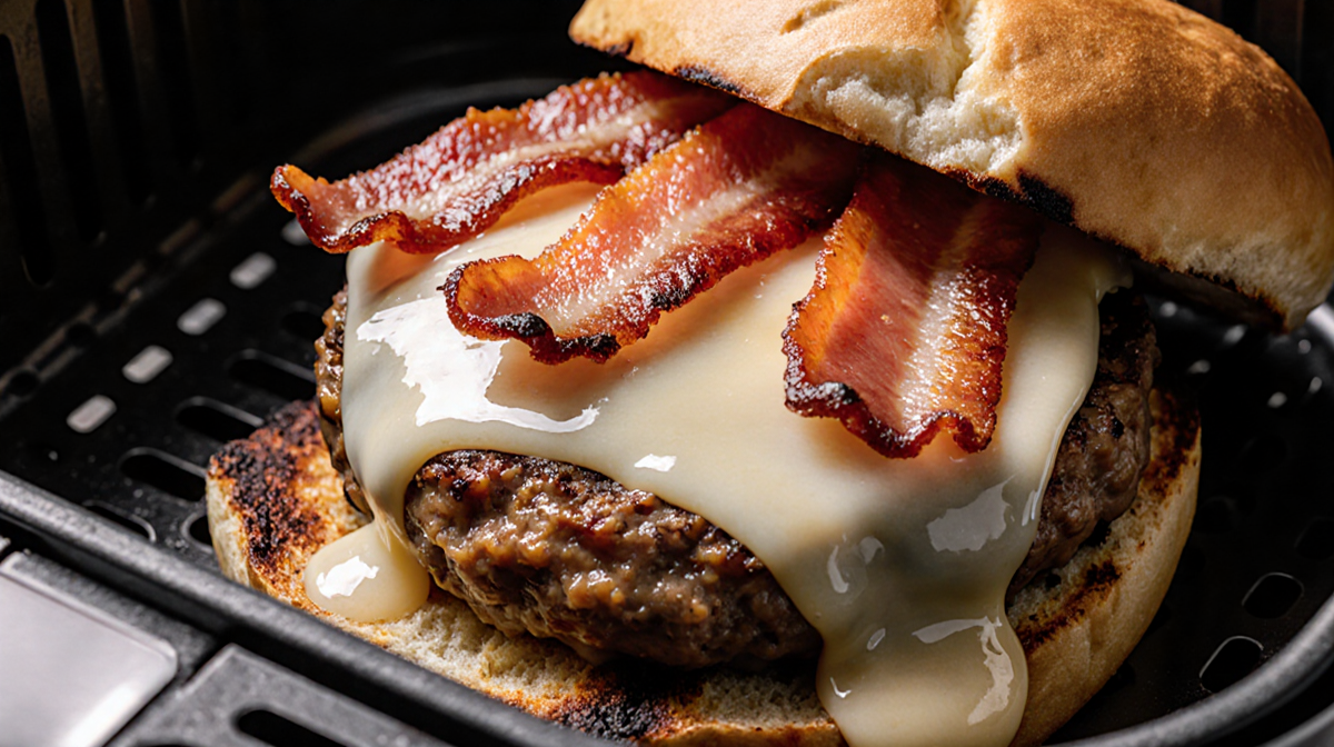 Burger patty resting on toasted bun with melted cheese and charred edges and crispy bacon