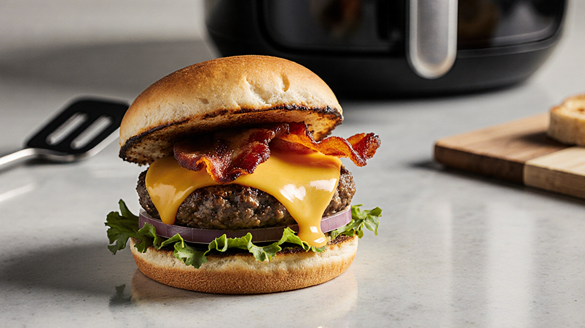 Juicy air fryer cheeseburger on a countertop with melted cheese oozing and crisp bacon warm lighting highlights tasty colors