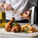 Golden-brown chicken wing sizzling in air fryer with fresh herbs and oil bottles on counter