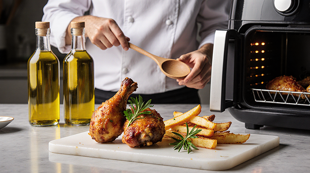 Golden-brown chicken wing sizzling in air fryer with fresh herbs and oil bottles on counter