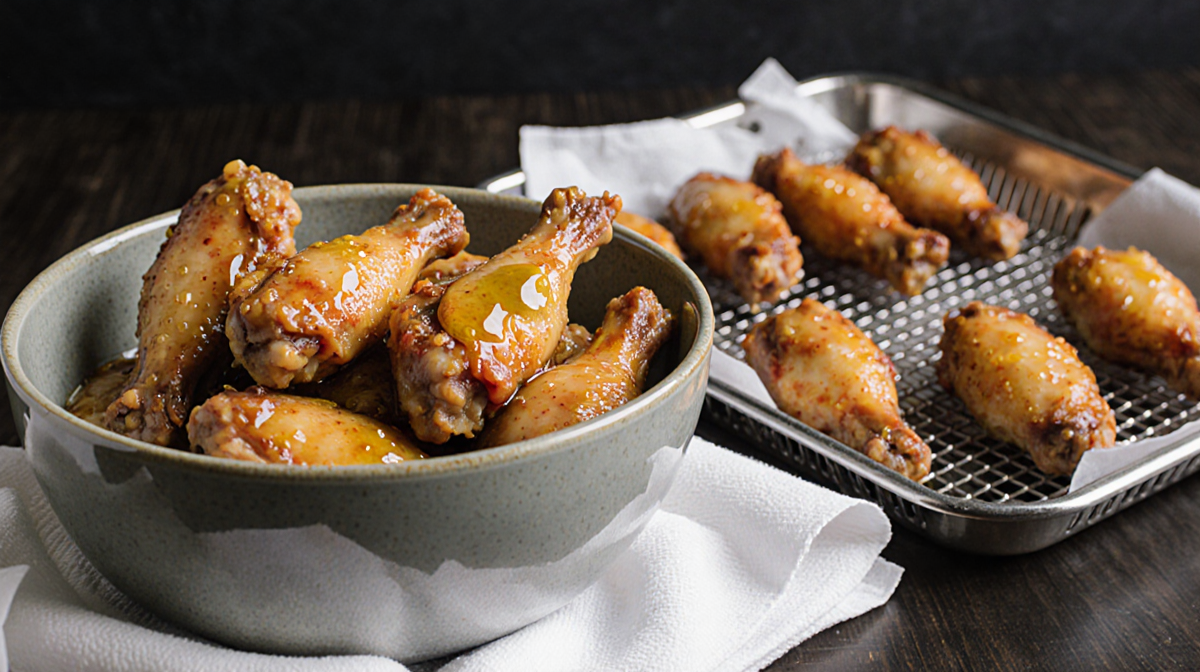 Bowl of air fryer chicken wings sits with olive oil droplets and paper towels scattered around it