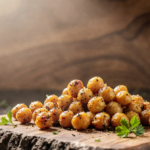 Crispy air fryer chickpeas resting on a rustic wooden board with fresh parsley scattered around.
