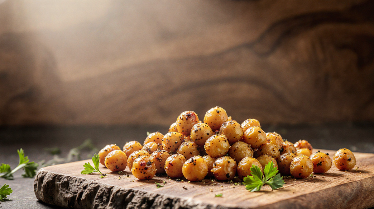 Crispy air fryer chickpeas resting on a rustic wooden board with fresh parsley scattered around.