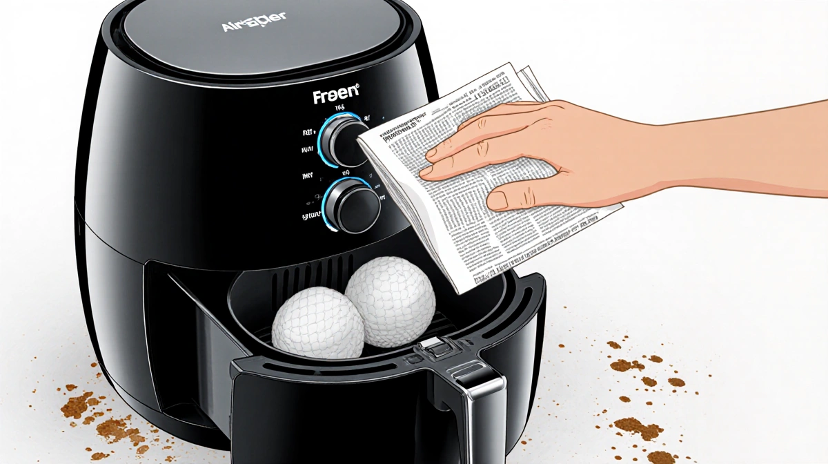 Air fryer cleaning with paper towel wipe removing splatters and showing control buttons