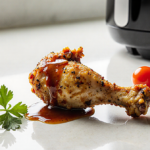 Crispy air fryer chicken wing being pulled from tray with parsley garnish on kitchen counter and natural light.