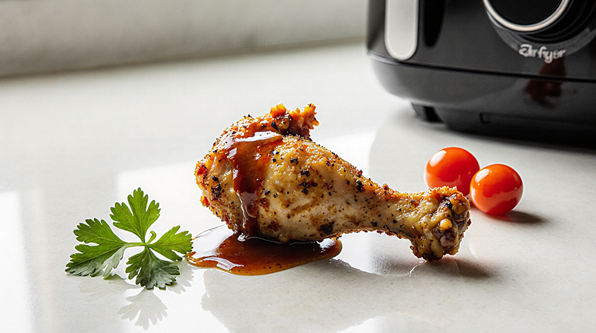 Crispy air fryer chicken wing being pulled from tray with parsley garnish on kitchen counter and natural light.