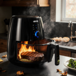 Steak sizzling in the background with an empty air fryer basket and burnt remnants in a warm kitchen.