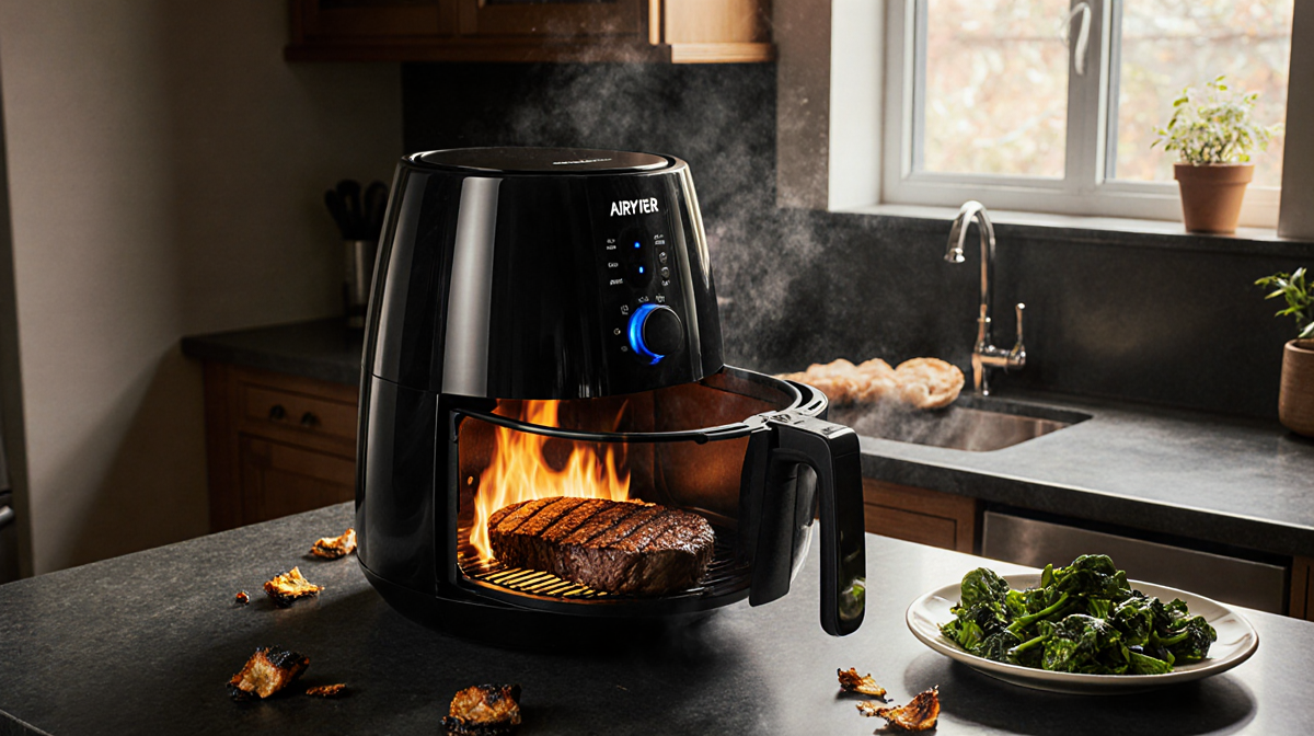 Steak sizzling in the background with an empty air fryer basket and burnt remnants in a warm kitchen.