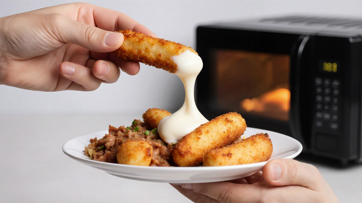 Person holding plate with golden air fryer mozzarella stick oozing cheese and microwave glowing behind with soggy leftover st