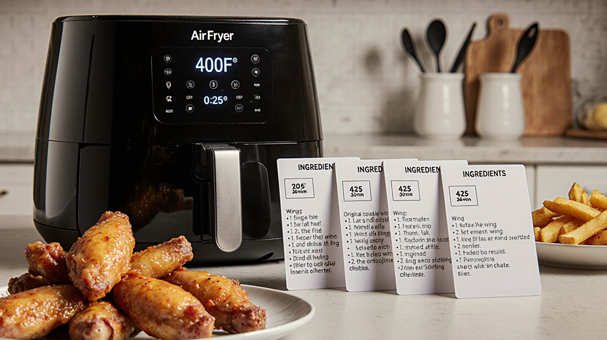 Air fryer heating at 400°F with timer 20-25 beside recipe cards showing oven equivalents with chicken wings fries foreground