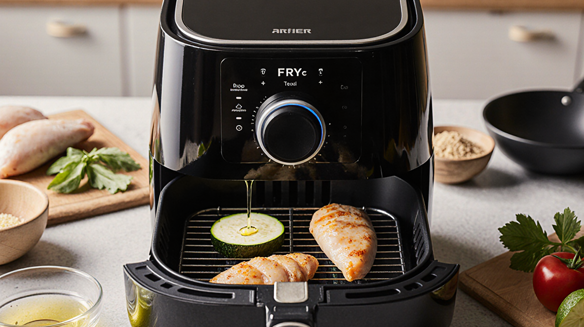 Air fryer showing sliced food with a glistening oil droplet and blurred kitchen utensils in soft warm light
