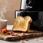 Golden toast pops out of an air fryer with olive oil drizzle on a wooden board and a steaming coffee beside it