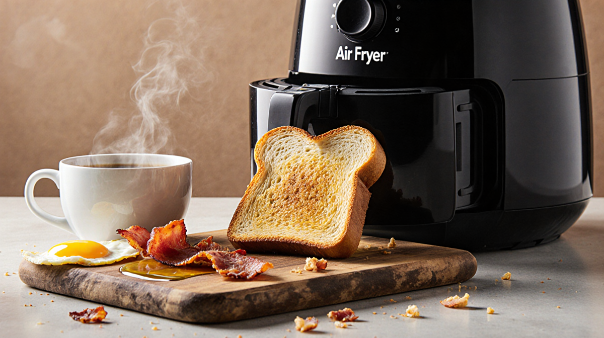 Golden toast pops out of an air fryer with olive oil drizzle on a wooden board and a steaming coffee beside it