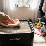 Person gently wiping air purifier filter with soft cloth and visible dust particles in warm light