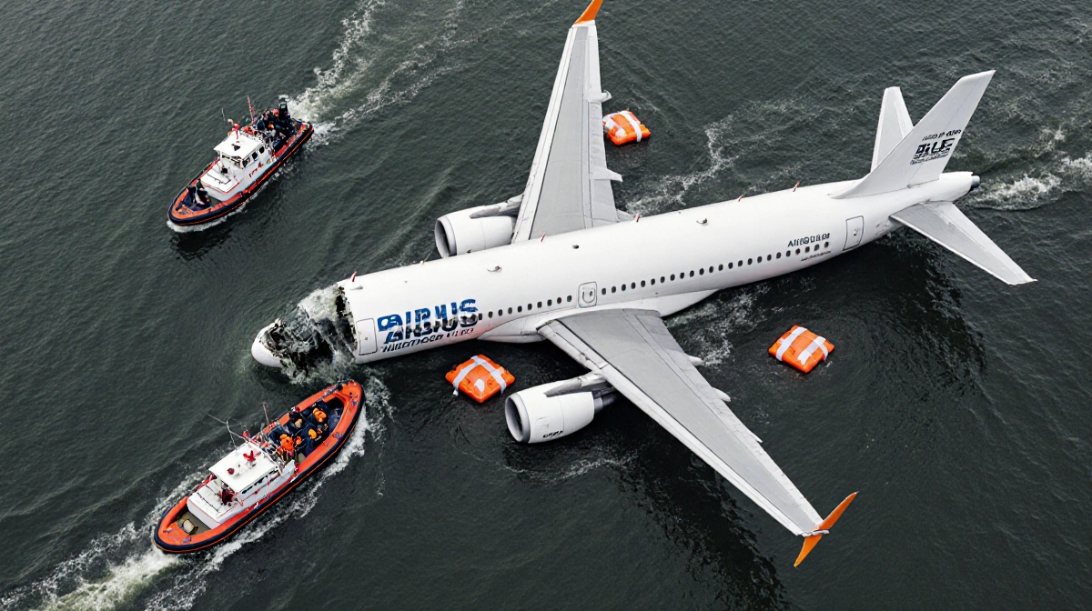 Airbus A320 partially submerged in Hudson River with water flooding cabin and rescue boats approaching damaged aircraft