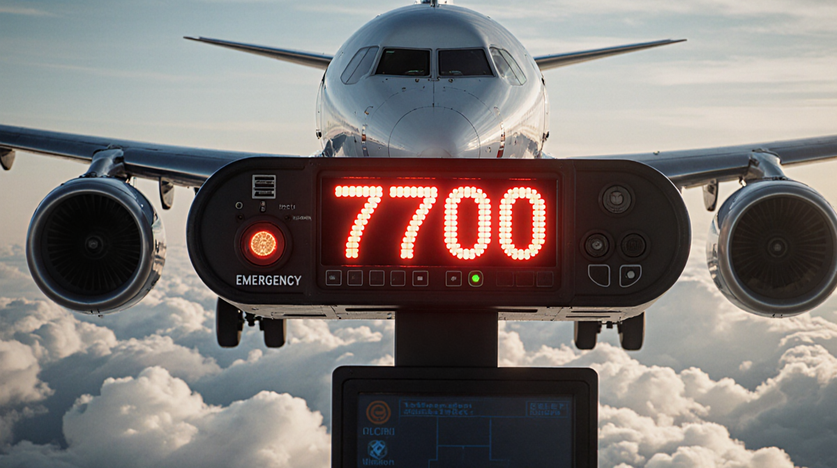 Commercial aircraft flashing emergency beacon with red 7700 code and blinking warning lights.