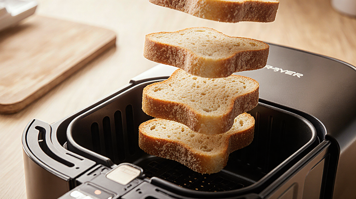 Slices of bread hover above an air fryer with rotating bread and visible interior and warm lighting