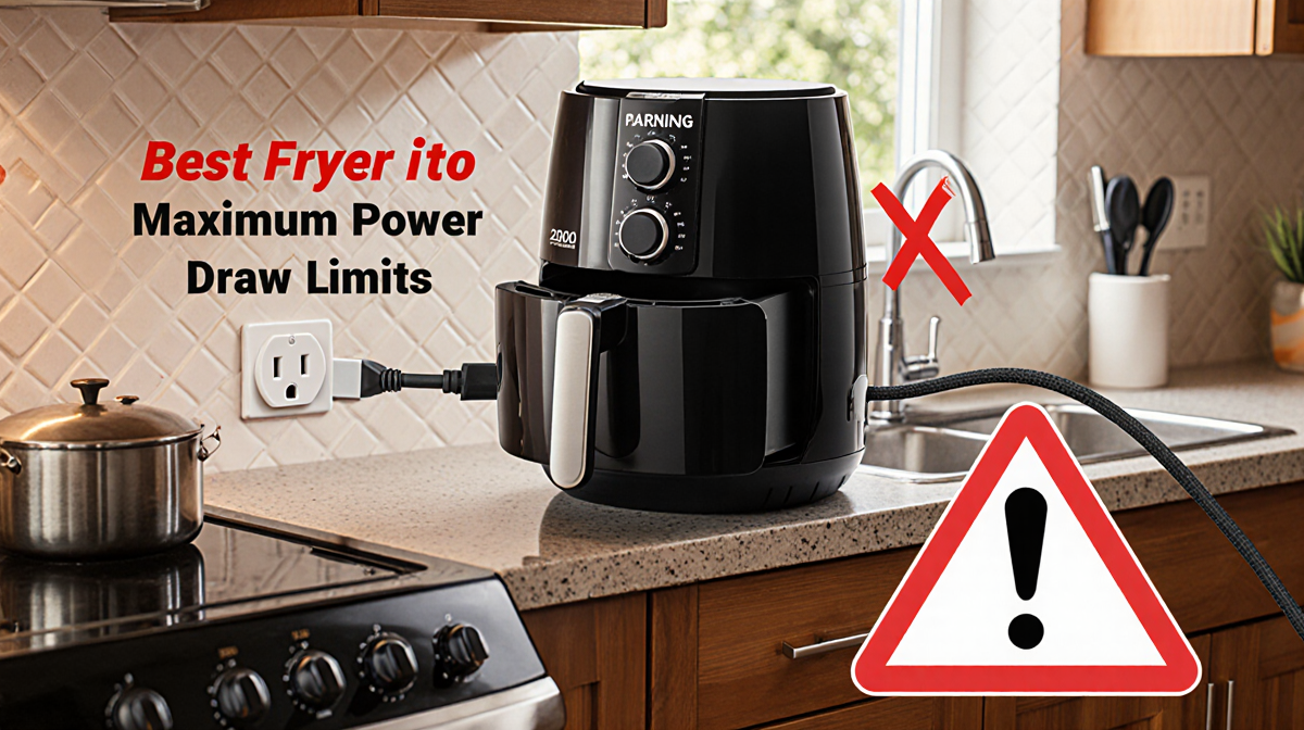 Air fryer plugged into outlet with red X on cord and kitchen background showing safety warning
