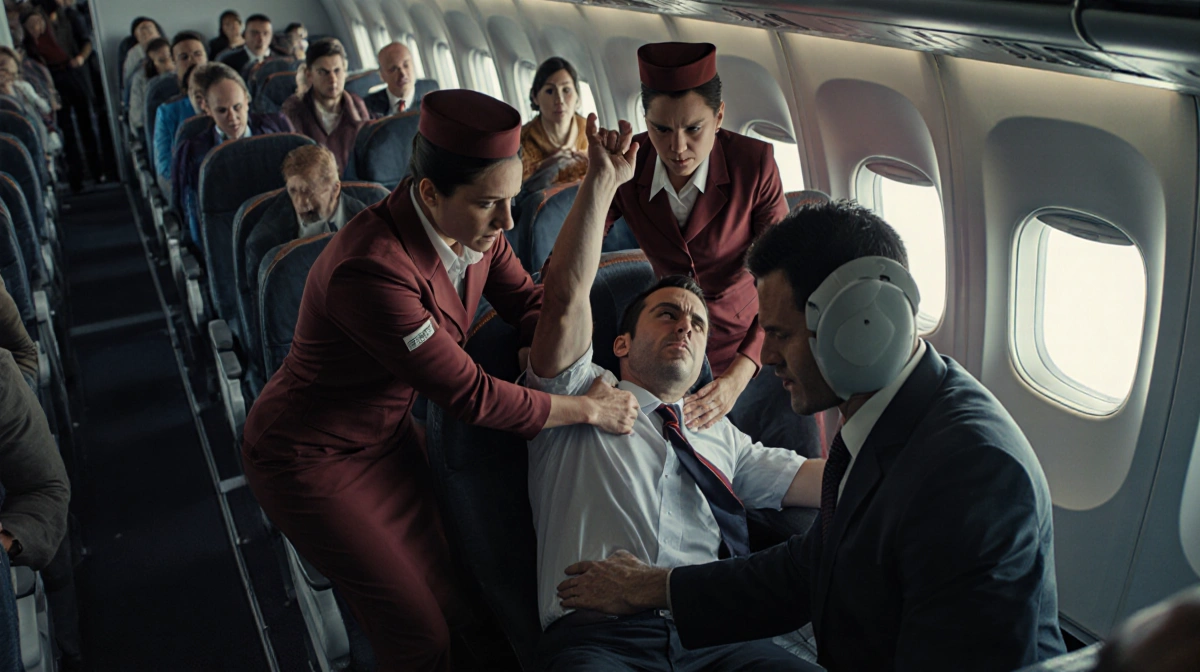 Flight attendants restraining aggressive passenger mid-flight with victim kneeling and shocked travelers watching