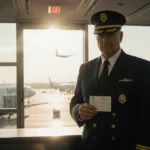 Airline pilot holding boarding pass at cabin door with soft light streaming through open doorway