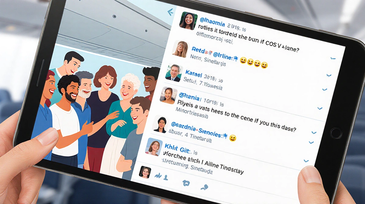 Diverse travelers smile while reading glowing airline crew praise on phone with plane interior behind