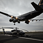Sleek airliner soaring above runway with glowing engines and long shadow over crumpled helicopter wreckage