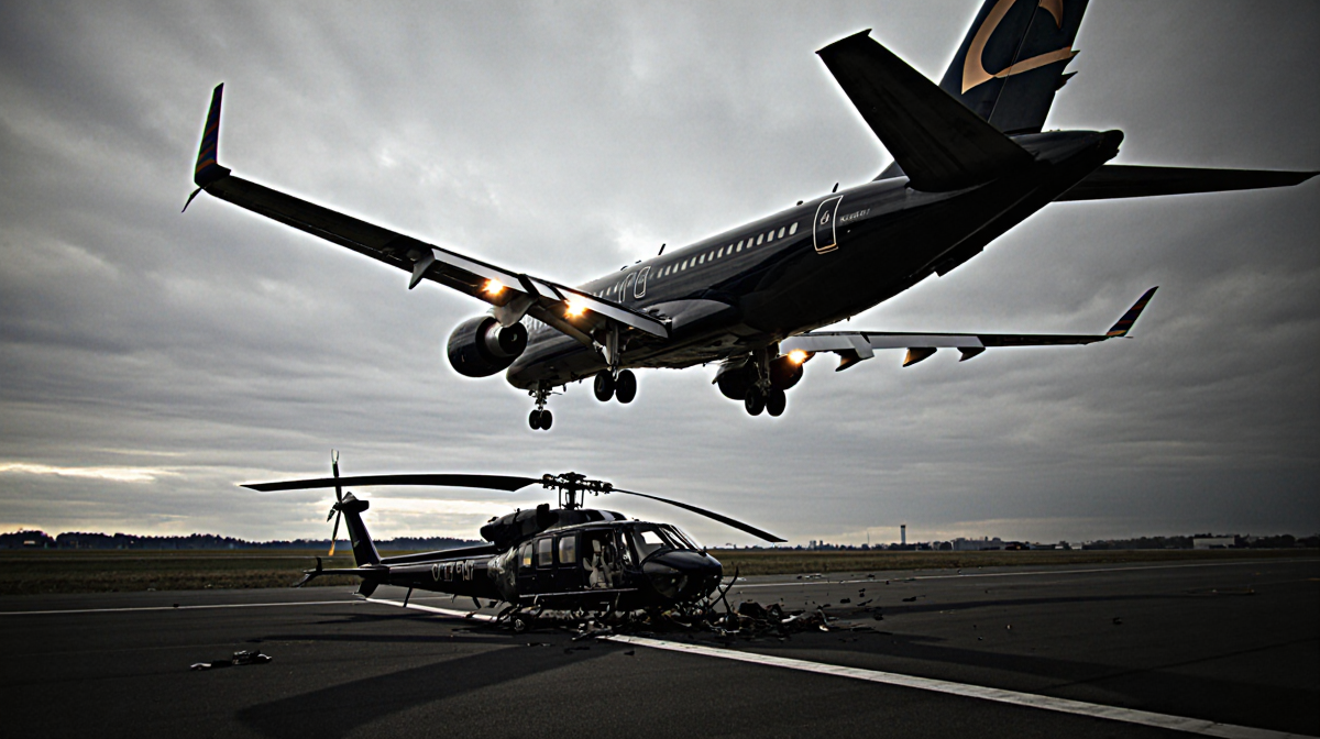 Sleek airliner soaring above runway with glowing engines and long shadow over crumpled helicopter wreckage