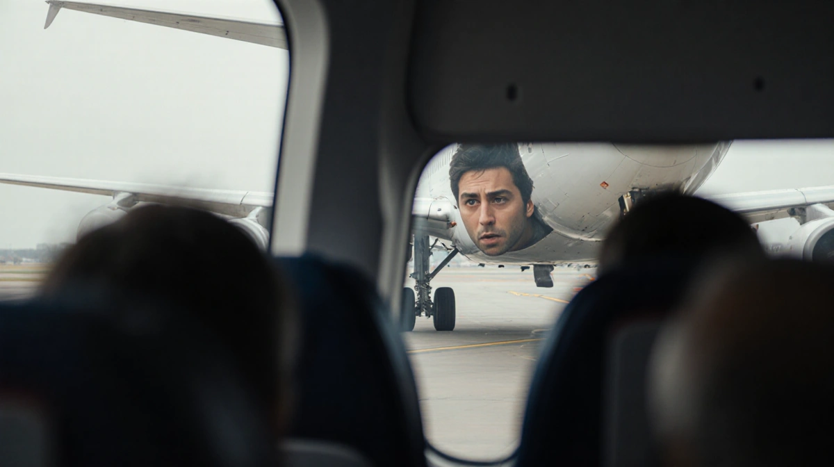 Commercial airliner taxiing on runway with worried passengers visible through windows showing concern for baggage handler tra