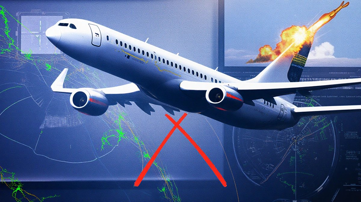 Airliner hovering over Venezuelan airspace with red X on cockpit radar and faint missile on monitor.