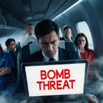 Passenger staring at laptop showing bomb threat with alarmed crew and passengers reacting in dim cabin