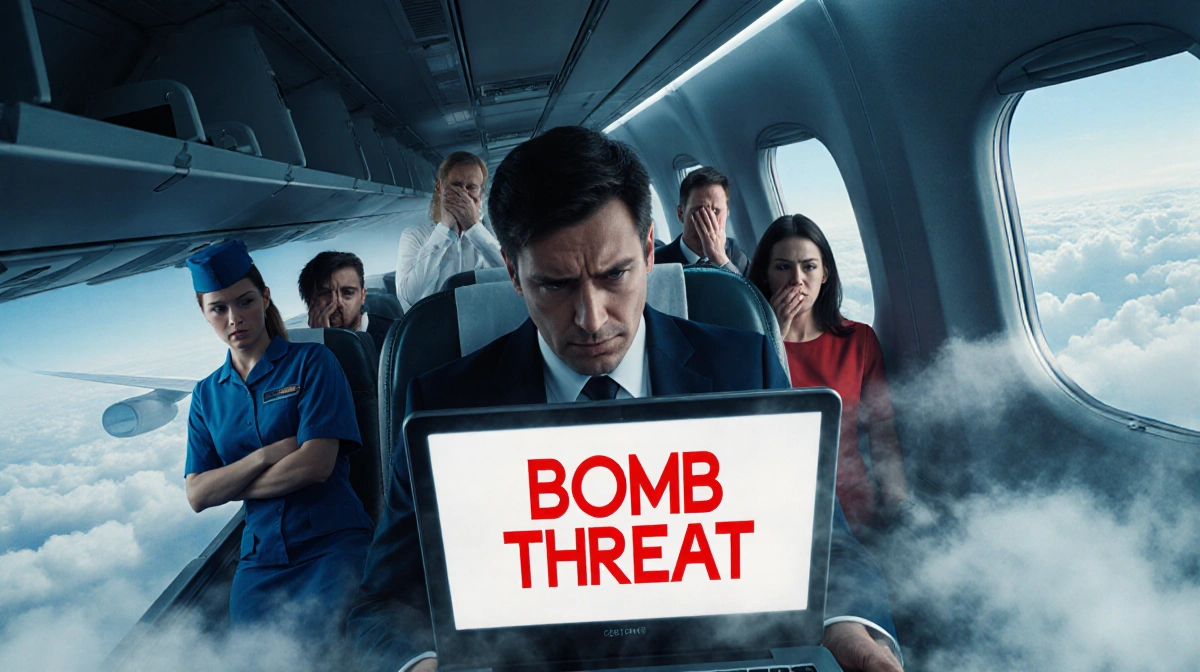 Passenger staring at laptop showing bomb threat with alarmed crew and passengers reacting in dim cabin
