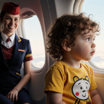 Young boy in bright yellow onesie sits by airplane window with soft cabin light and smiling flight attendants nearby