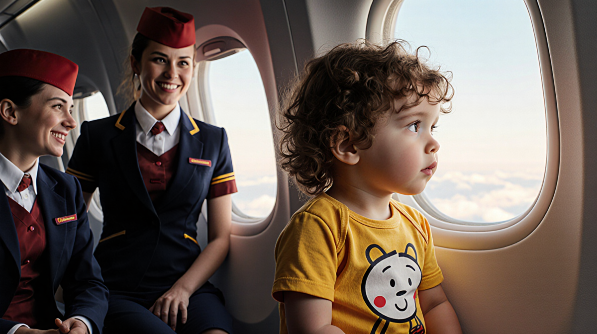 Young boy in bright yellow onesie sits by airplane window with soft cabin light and smiling flight attendants nearby