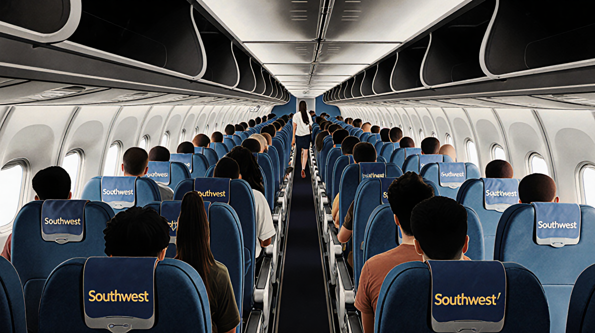 Passengers walking and sitting in crowded airplane cabin with designated seats and Southwest logo on seatback