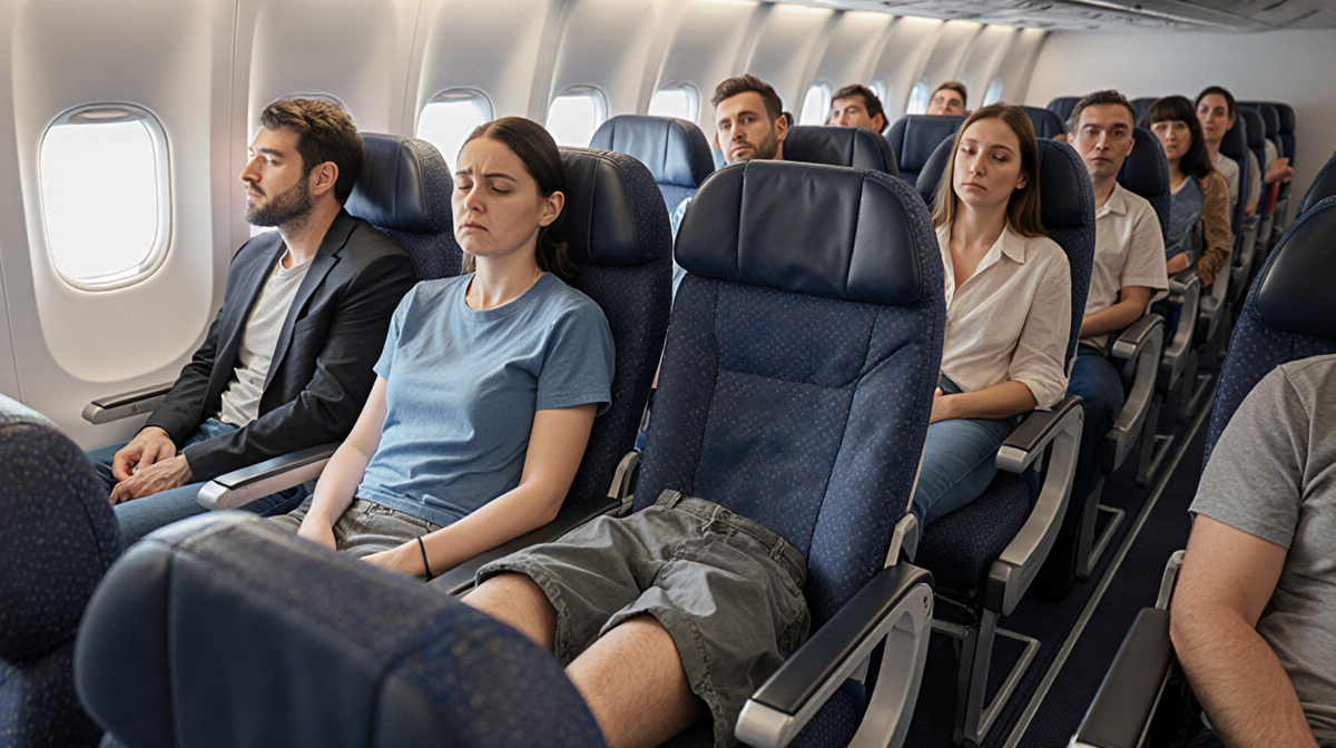 Passenger extending legs into neighboring seats with cramped cabin and annoyed passengers about refunds