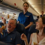 Male passenger throwing food at his wife with calm Southwest crew member behind and shocked passengers around